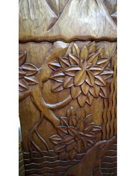 Paravento in Legno di Teak Intagliato a Mano con Motivo Floreale e Uccelli – 152x2.5x169h – Fatto a Mano in Indonesia