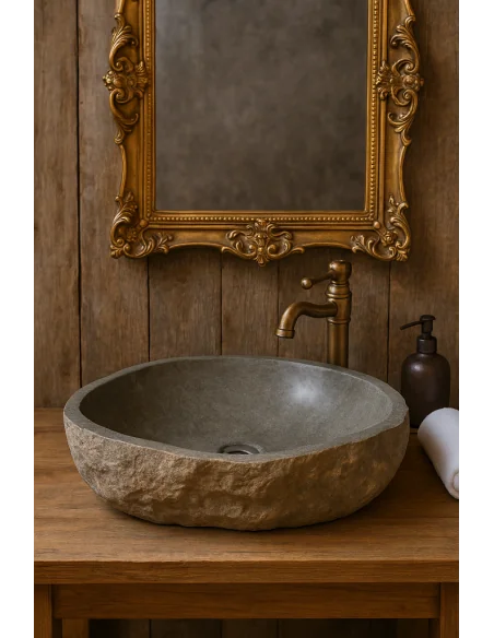 Lavandino da appoggio in pietra naturale di fiume - Fatto a mano in Indonesia 54x48x15 cm