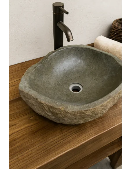 Lavandino da appoggio in pietra naturale di fiume - Fatto a mano in Indonesia 54x48x15 cm
