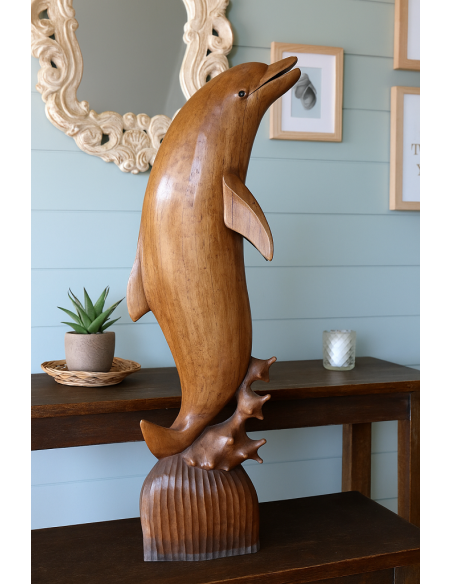 Scultura Delfino in Legno di Teak Massello – 98 cm – Intagliata a Mano in Indonesia