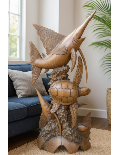 Scultura Marina in Teak Massello – Marlin e Tartaruga...
