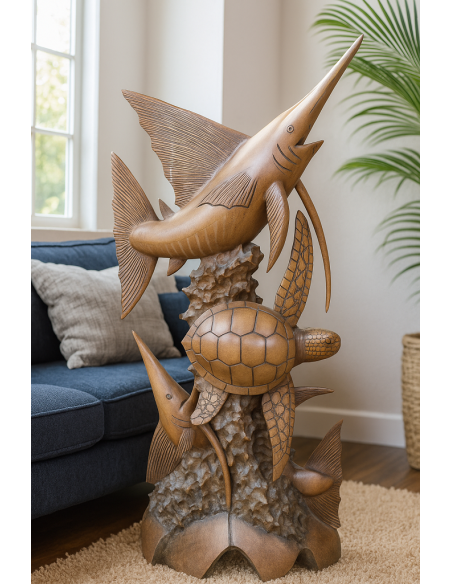 Scultura Marina in Teak Massello – Marlin e Tartaruga Intagliati a Mano (100x50x15 cm)