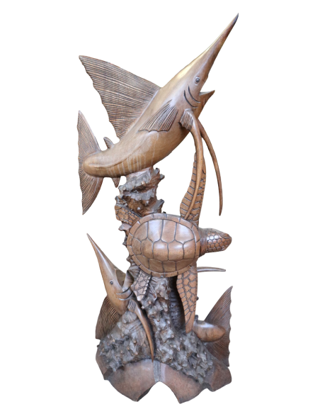 Scultura Marina in Teak Massello – Marlin e Tartaruga Intagliati a Mano (100x50x15 cm)