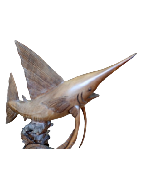 Scultura Marina in Teak Massello – Marlin e Tartaruga Intagliati a Mano (100x50x15 cm)