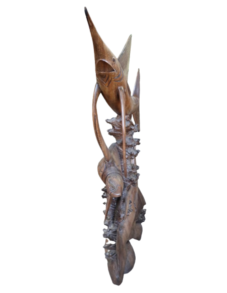 Scultura Marina in Teak Massello – Marlin e Tartaruga Intagliati a Mano (100x50x15 cm)