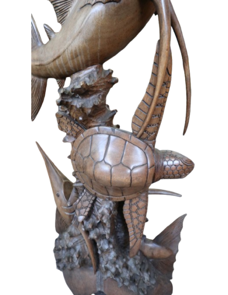 Scultura Marina in Teak Massello – Marlin e Tartaruga Intagliati a Mano (100x50x15 cm)