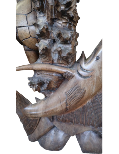 Scultura Marina in Teak Massello – Marlin e Tartaruga Intagliati a Mano (100x50x15 cm)