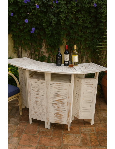 Mobile Bar Curvo Richiudibile in Legno di Teak Decapato – Fatto a Mano in Indonesia – 175x42x107 cm Aperto / 96x50 cm Chiuso