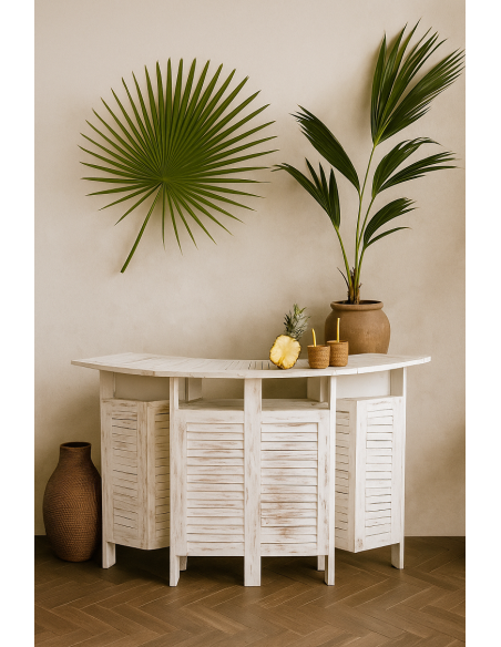 Mobile Bar Curvo Richiudibile in Legno di Teak Decapato – Fatto a Mano in Indonesia – 175x42x107 cm Aperto / 96x50 cm Chiuso