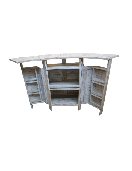 Mobile Bar Curvo Richiudibile in Legno di Teak Decapato – Fatto a Mano in Indonesia – 175x42x107 cm Aperto / 96x50 cm Chiuso