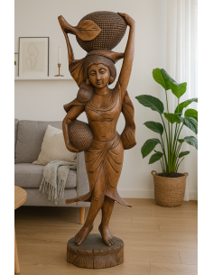 Statua in Teak Massello – Donna Indonesiana con Frutti –...