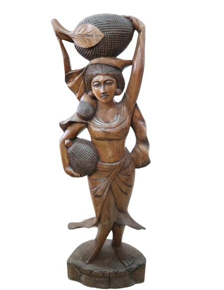 Statua in Teak Massello – Donna Indonesiana con Frutti – H100 cm