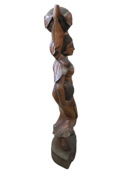 Statua in Teak Massello – Donna Indonesiana con Frutti – H100 cm