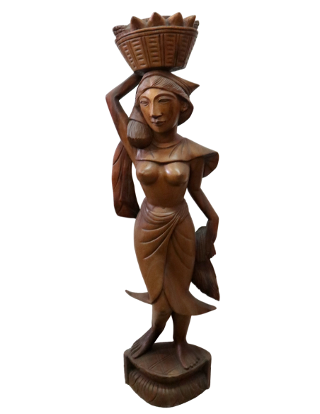 Statua Donna Indonesiana con Cesto di Frutta – Legno di Teak – H70 cm