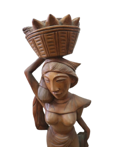 Statua Donna Indonesiana con Cesto di Frutta – Legno di Teak – H70 cm