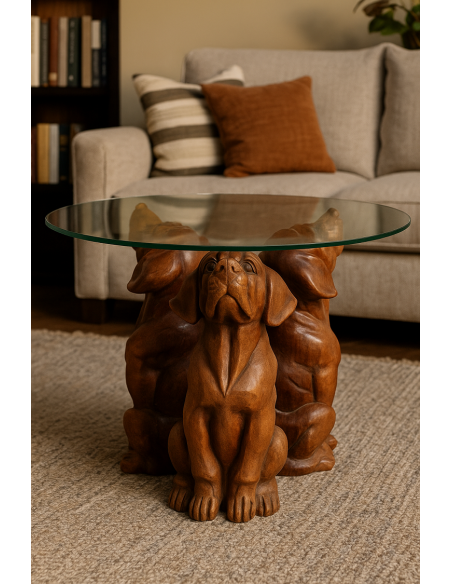 Tavolino da Fumo in Teak con Base Intagliata – Tre Cani – Ø60 cm – Artigianato Indonesiano