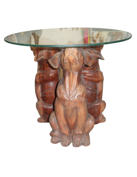 Tavolino da Fumo in Teak con Base Intagliata – Tre Cani – Ø60 cm – Artigianato Indonesiano