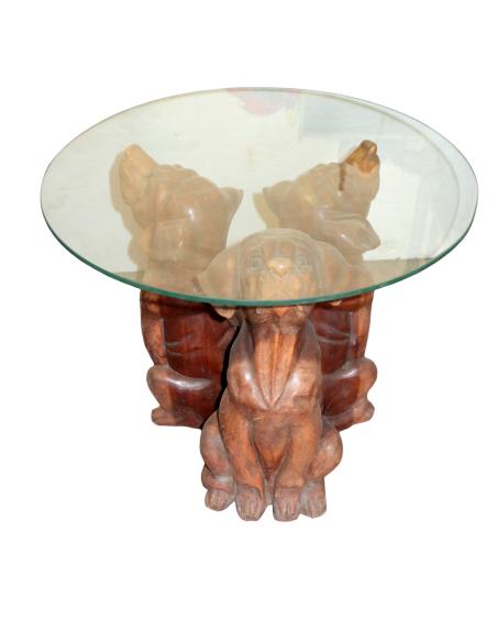 Tavolino da Fumo in Teak con Base Intagliata – Tre Cani – Ø60 cm – Artigianato Indonesiano