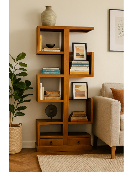 Libreria artigianale in legno massello di teak 80x35x180 cm – Stile moderno etnico