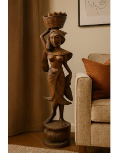 Statua Donna Indonesiana con Cesto di Frutta – Legno di...
