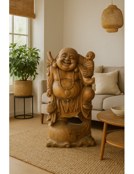 Statua Buddha della Felicità in Legno Massello | Intaglio Artigianale 81 cm
