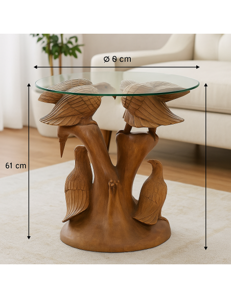 Tavolino Scultura in Teak con Aquile Intagliate – Fatto a Mano in Indonesia Ø60x61cm