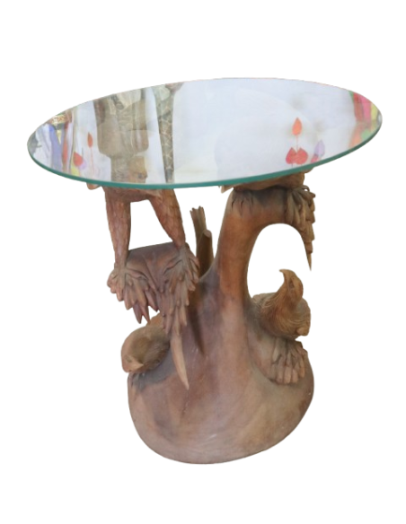 Tavolino Scultura in Teak con Aquile Intagliate – Fatto a Mano in Indonesia Ø60x61cm