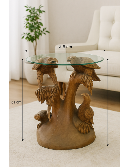 Tavolino Scultura in Teak con Aquile Intagliate – Fatto a Mano in Indonesia Ø60x61cm