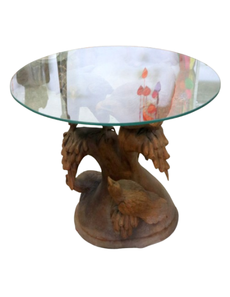 Tavolino Scultura in Teak con Aquile Intagliate – Fatto a Mano in Indonesia Ø60x58cm caffè fumo