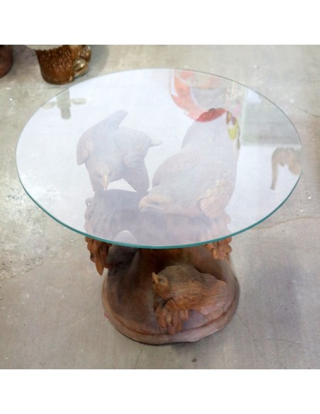 Tavolino Scultura in Teak con Aquile Intagliate – Fatto a Mano in Indonesia Ø60x58cm caffè fumo