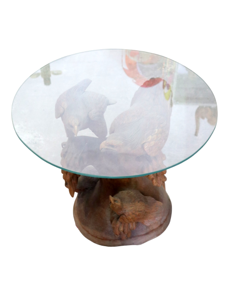 Tavolino Scultura in Teak con Aquile Intagliate – Fatto a Mano in Indonesia Ø60x58cm caffè fumo