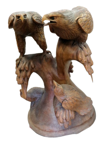 Tavolino Scultura in Teak con Aquile Intagliate – Fatto a Mano in Indonesia Ø60x58cm caffè fumo