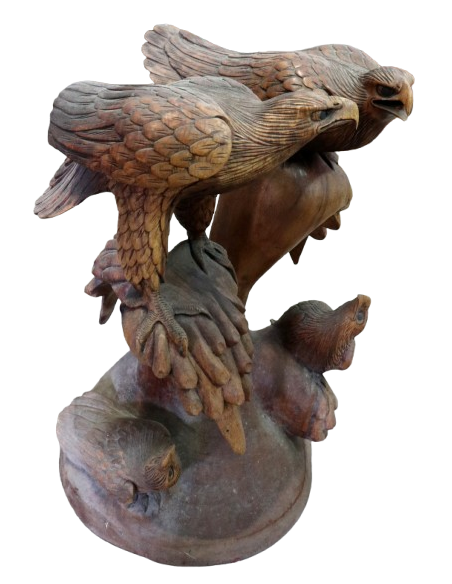 Tavolino Scultura in Teak con Aquile Intagliate – Fatto a Mano in Indonesia Ø60x58cm caffè fumo