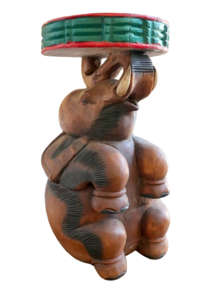 Tavolino da Caffè Thailandese in Legno Massello – Intaglio Elefante – Fatto e Dipinto a Mano – Ø 28 cm x H 51 cm