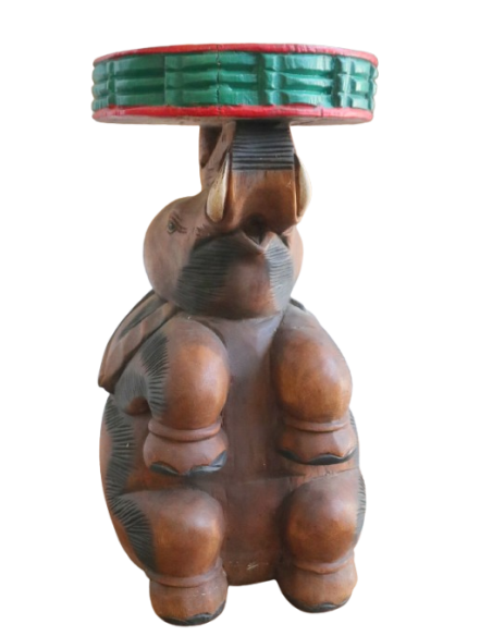 Tavolino da Caffè Thailandese in Legno Massello – Intaglio Elefante – Fatto e Dipinto a Mano – Ø 28 cm x H 51 cm