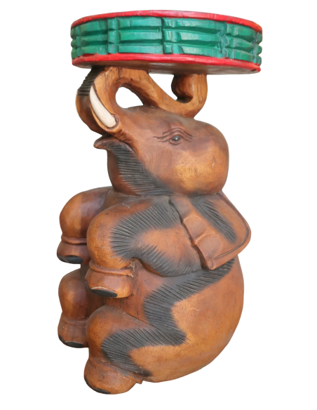 Tavolino da Caffè Thailandese in Legno Massello – Intaglio Elefante – Fatto e Dipinto a Mano – Ø 28 cm x H 51 cm
