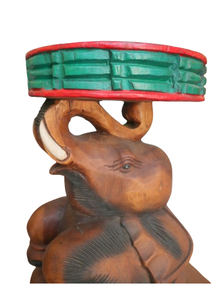 Tavolino da Caffè Thailandese in Legno Massello – Intaglio Elefante – Fatto e Dipinto a Mano – Ø 28 cm x H 51 cm