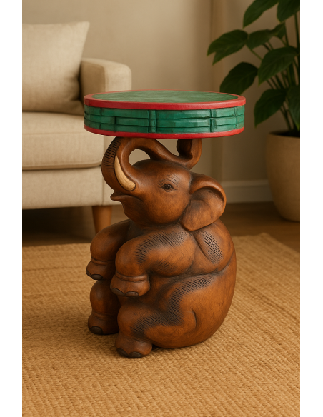 Tavolino da Caffè Thailandese in Legno Massello – Intaglio Elefante – Fatto e Dipinto a Mano – Ø 28 cm x H 51 cm