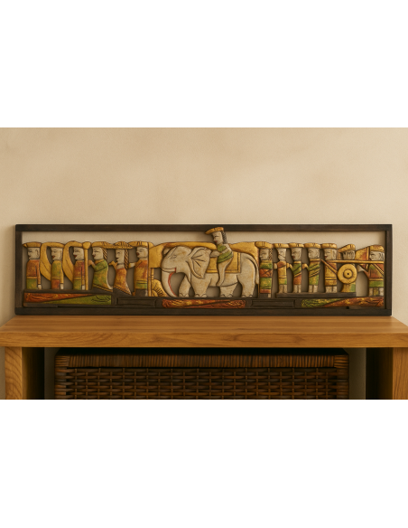 Pannello in Legno Scolpito a Mano – Corteo con Elefante – Indonesia – 150x30 cm – Pezzo Unico Artigianale
