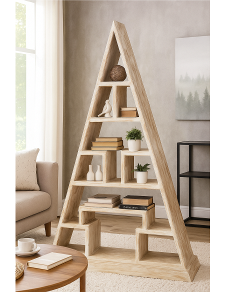 Libreria piramidale in teak massello 100x35x179h – Scaffale design etnico artigianale fatto a mano in Indonesia