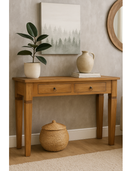 Consolle in teak massello 120x40x80h – Mobile etnico artigianale con 2 cassetti, fatto a mano in Indonesia