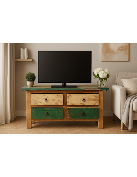 Porta TV in Legno Riciclato – Artigianato Indonesiano Unico, Stile Rustico Vintage, 120x40x60 cm – Handmade Eco Sostenibile