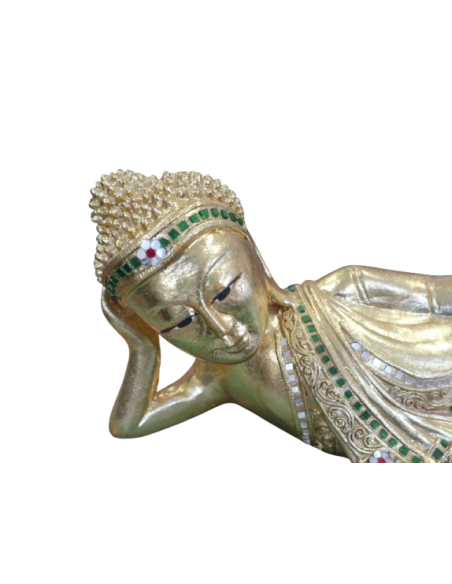 Buddha Thai Sdraiato in Foglia Oro e Specchietti – Scultura Artigianale 57x16x22 cm