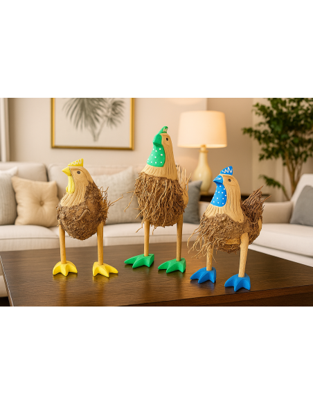 🐓 Tris Galli Decorativi in Legno – Artigianato Rustico Colorato da Collezione