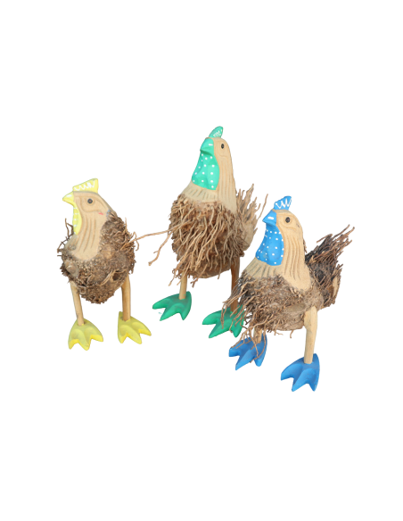 🐓 Tris Galli Decorativi in Legno – Artigianato Rustico Colorato da Collezione