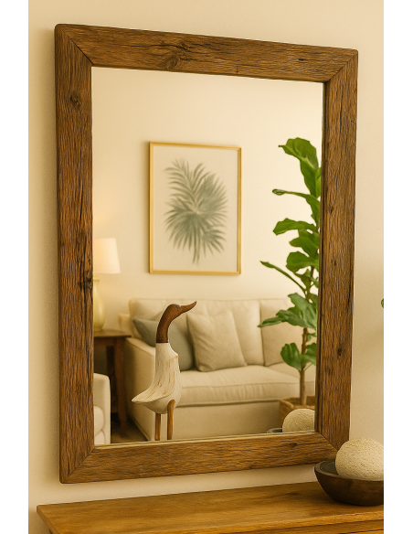 Specchio Rettangolare in Legno di Teak Vecchio – 130x80 cm – Cornice 8 cm – Stile Rustico ed Elegante Indonesiano cm 120x80