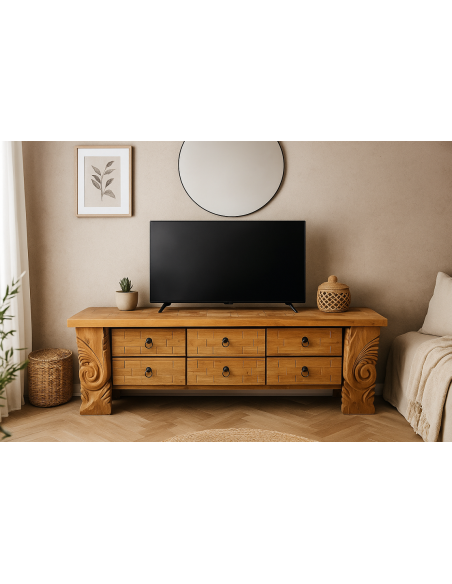 Porta TV in Legno Massello con Intagli – 150x40x44h
