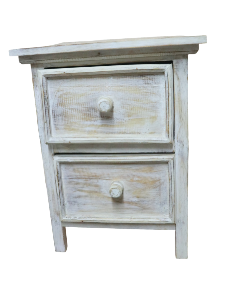 Comodino shabby chic in legno di albesia intagliato a mano – 38×38×50h cm
