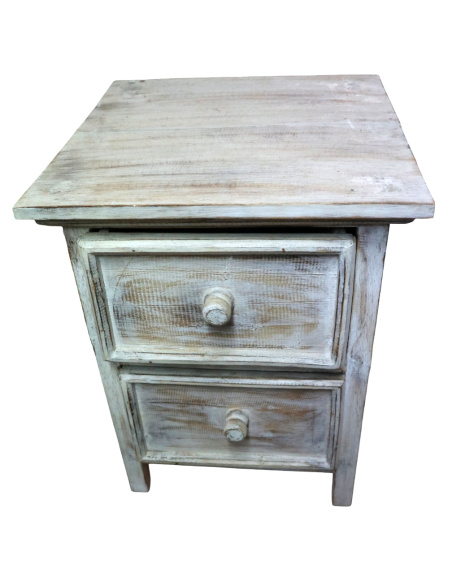 Comodino shabby chic in legno di albesia intagliato a mano – 38×38×50h cm