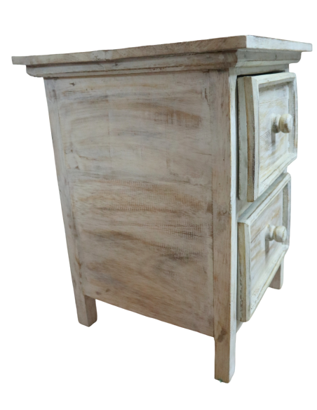 Comodino shabby chic in legno di albesia intagliato a mano – 38×38×50h cm